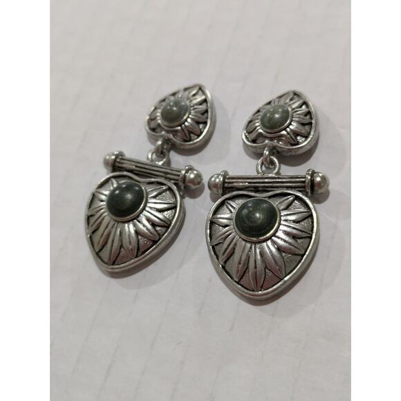 Premier Designs Earrings Silver Tone Double Heart Green Stone‎ - Picture 3 of 5